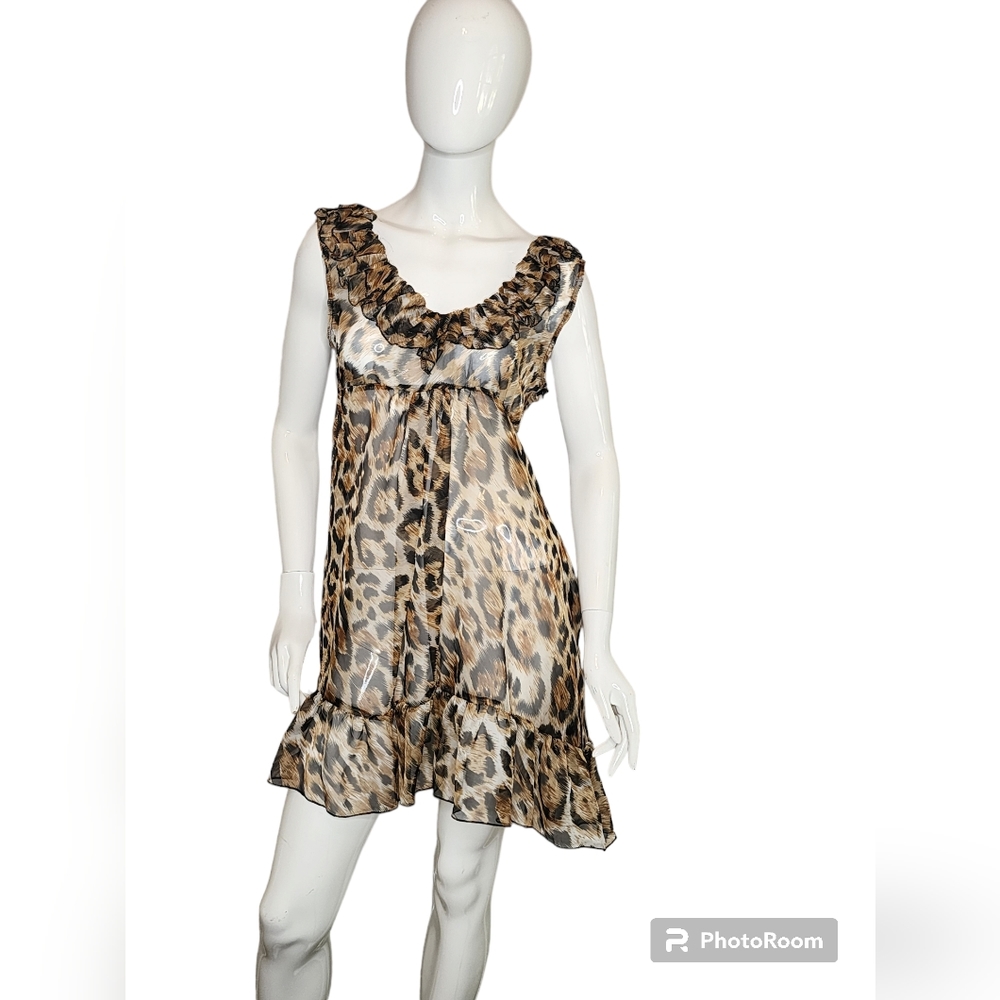 Cheetah Leopard Ruffle Baby Doll Sheer Romantic Nighty Nightgown Sexy Adorable